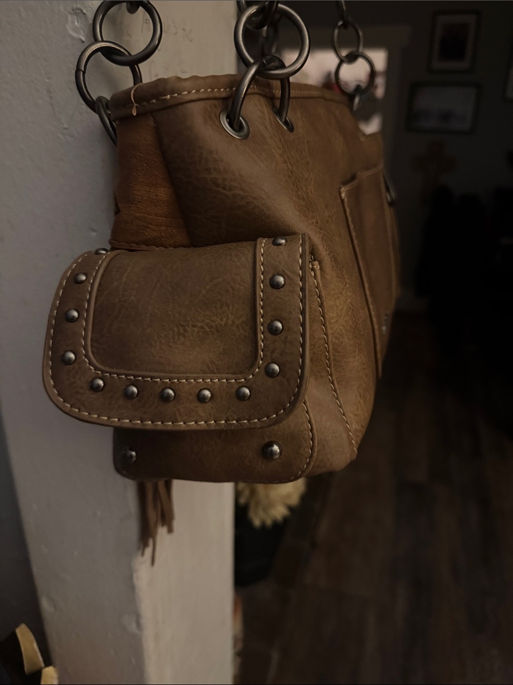 Tan Embroidered Feather Shoulder Bag with Stud and Tassel Detail - Picture 11 of 11